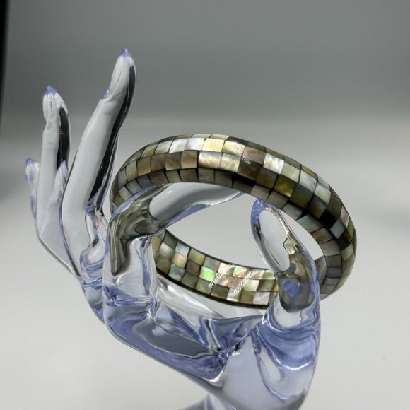 Mother of Pearl Mosaic Bangle Bracelet Iridescent Shell Inlay Square Tile Design - Picture 3 of 8